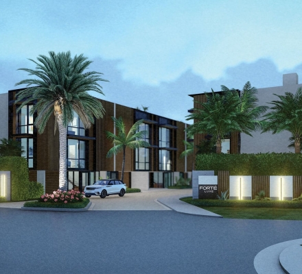 evening rendering of forte luxe exterior